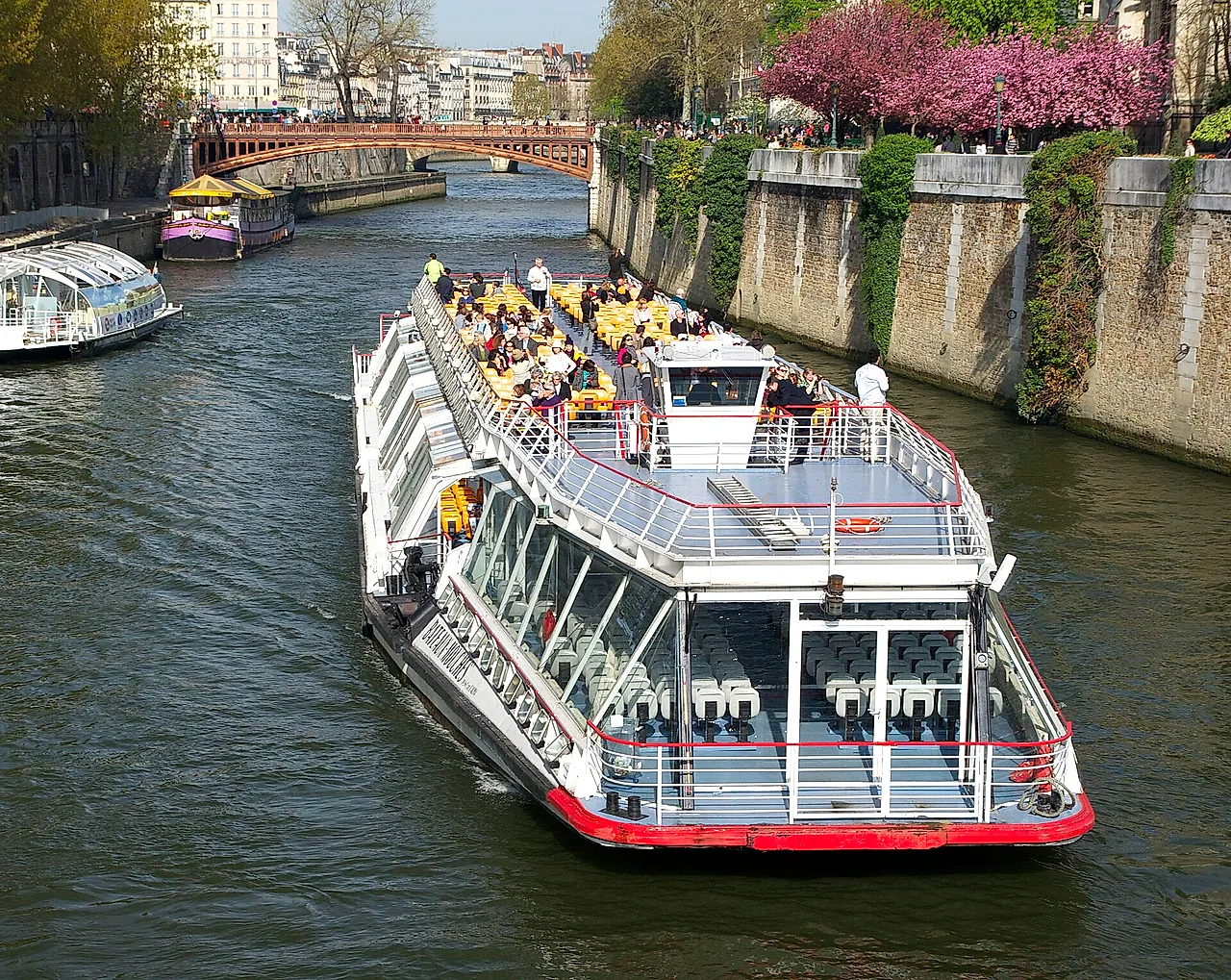Un battello turistico con il tetto di vetro sulla Senna vicino a Notre-Dame, con i passeggeri sul ponte scoperto e un altro battello dietro.